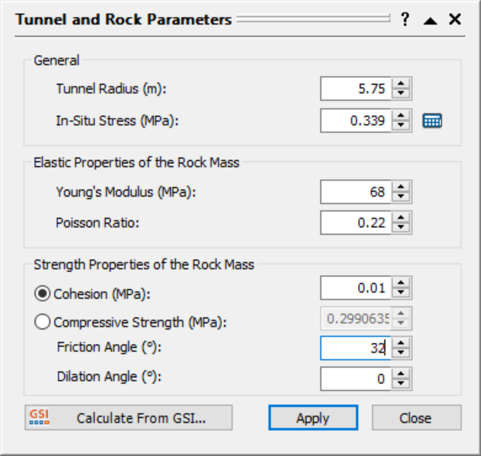 Tunnel and Rock Parameters dialog