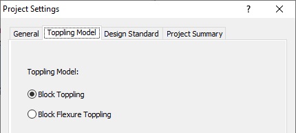 Toppling model tab - project settings