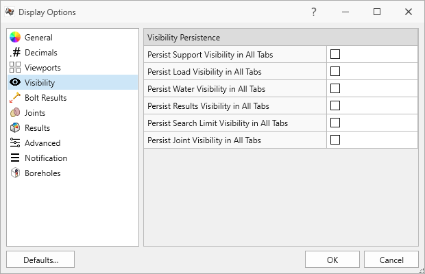 Display Options - Visibility tab