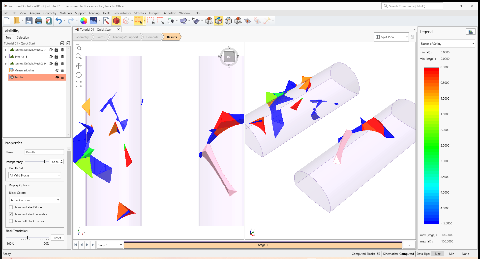 3D View of all Valid Blocks contoured by Factor of Safety