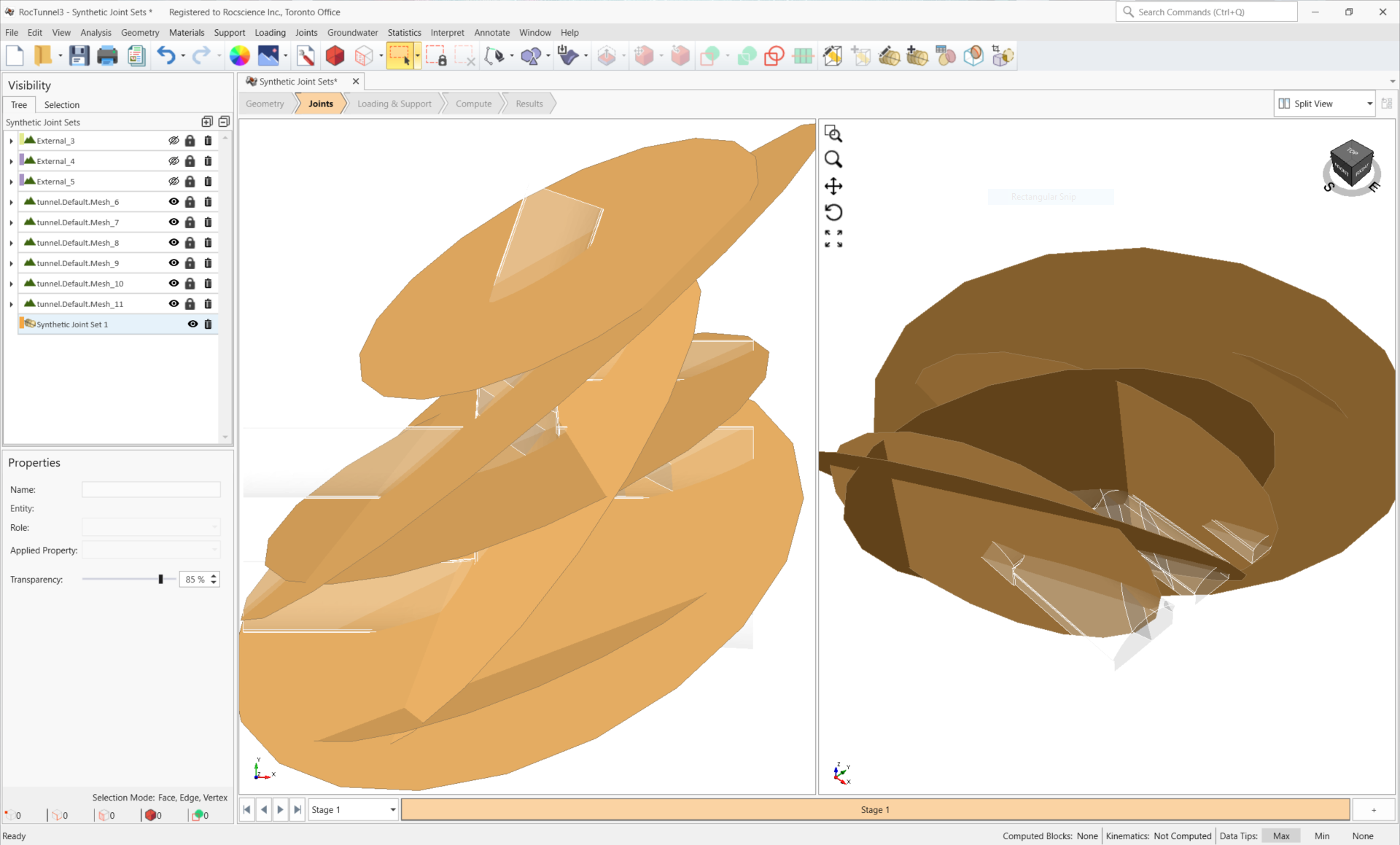 3D View showing Synthetic Joint Set 1m and the Tunnel