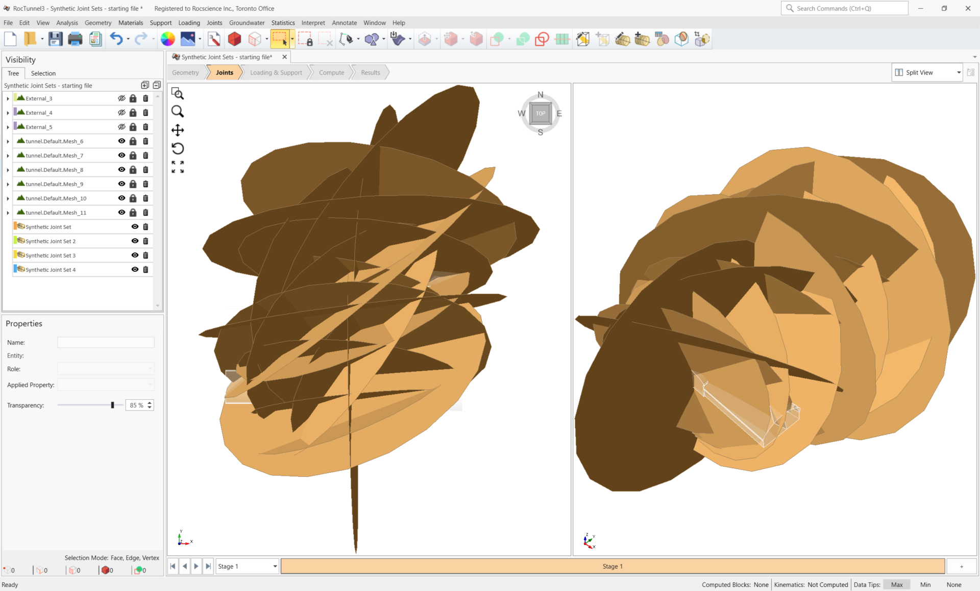 3D View of all 4 Synthetic Joint Sets and Tunnel