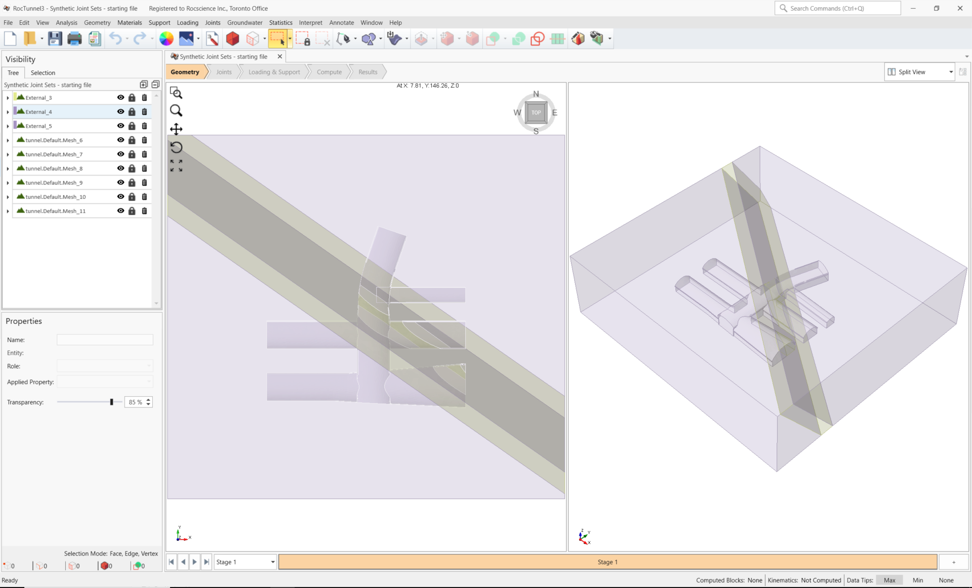 3D CAD View showing the external geometry of the excavated tunnel and rock mass