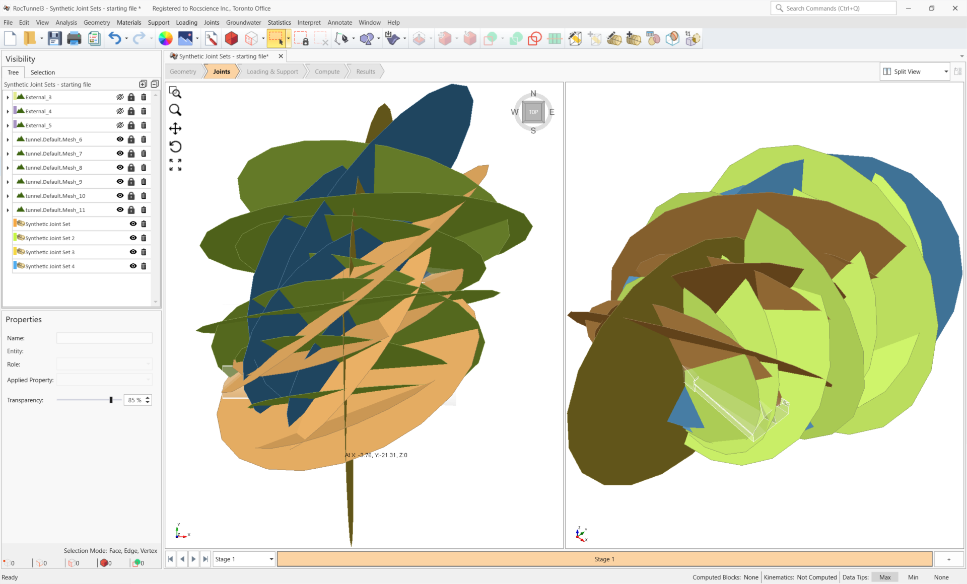 3D View of Synthetic Joint Sets coloured by Synthetic Joint Property colours