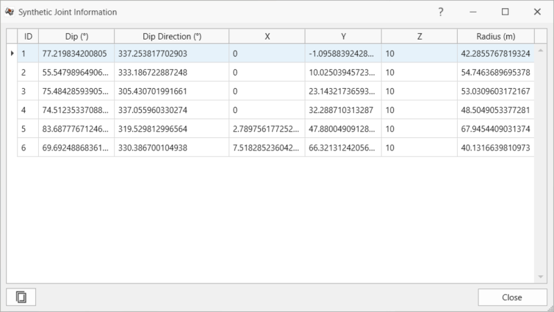 Listing of Joints in Synthetic Joints Information dialog