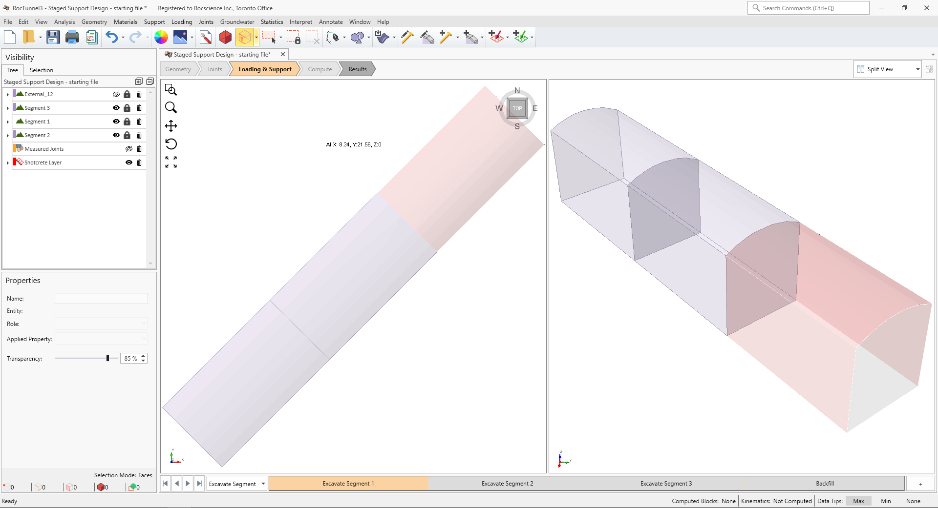 3D CAD View of shotcrete layer added to Segment 1 in Excavate Segment 1 stage
