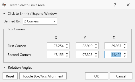 Create search limit area dialog with the search limit coordinates.