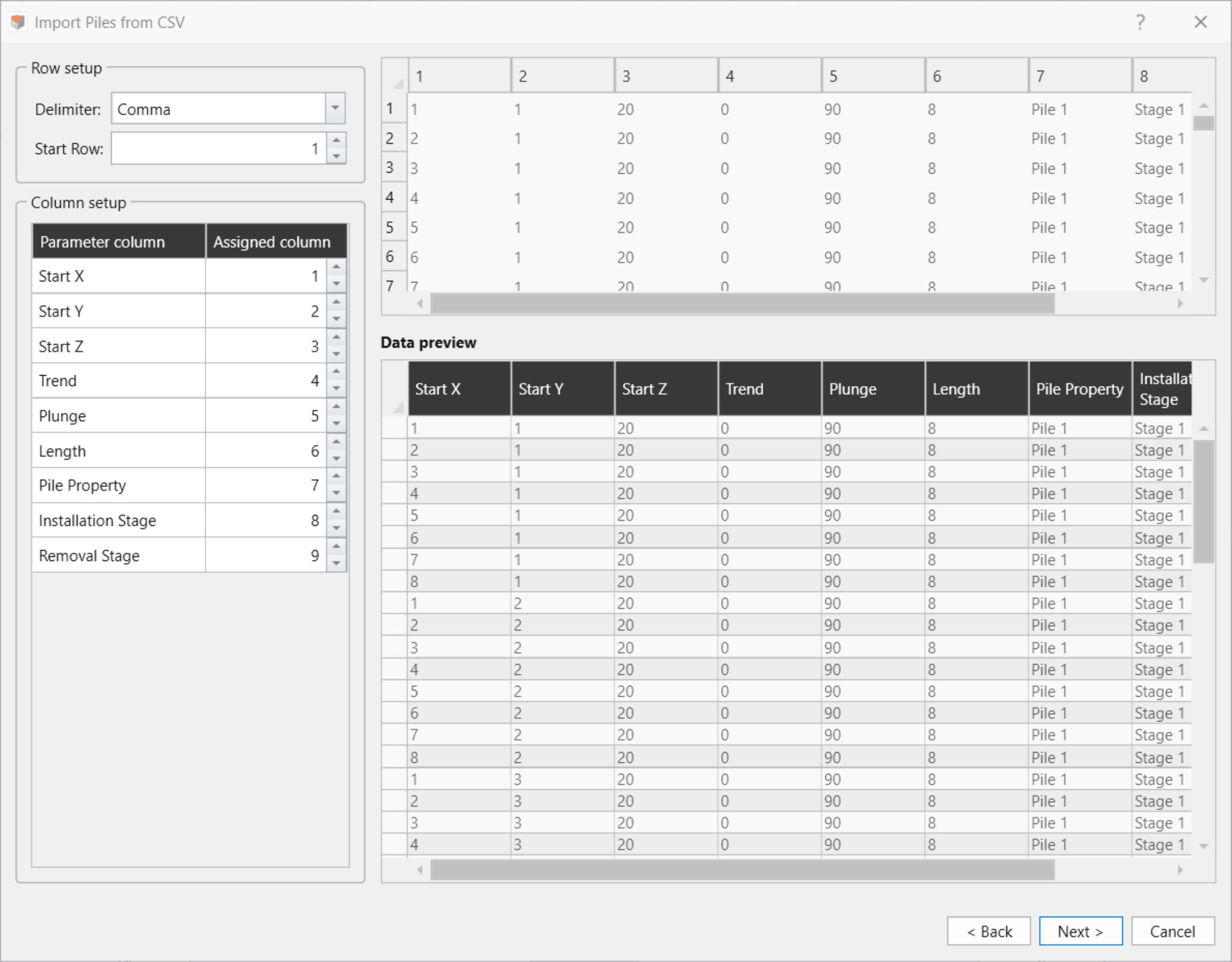 Import Piles from CSV dialog