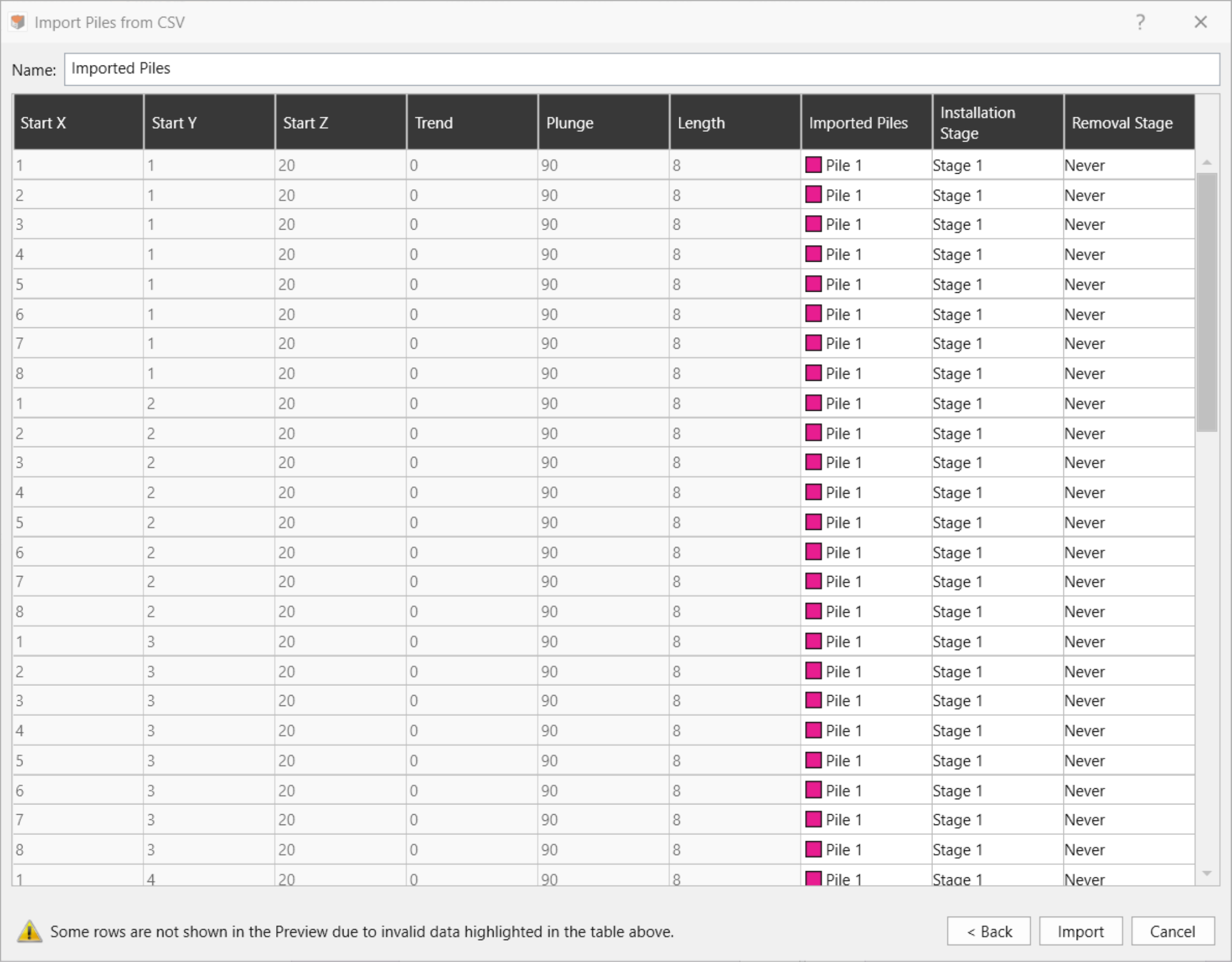Import Piles from CSV second dialog