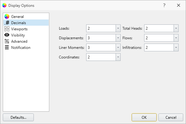 Display Options - Decimals tab