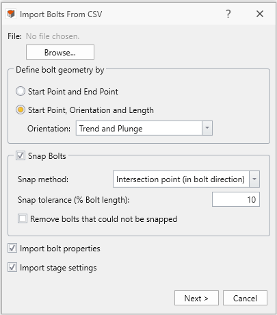 Import bolts from csv dialog