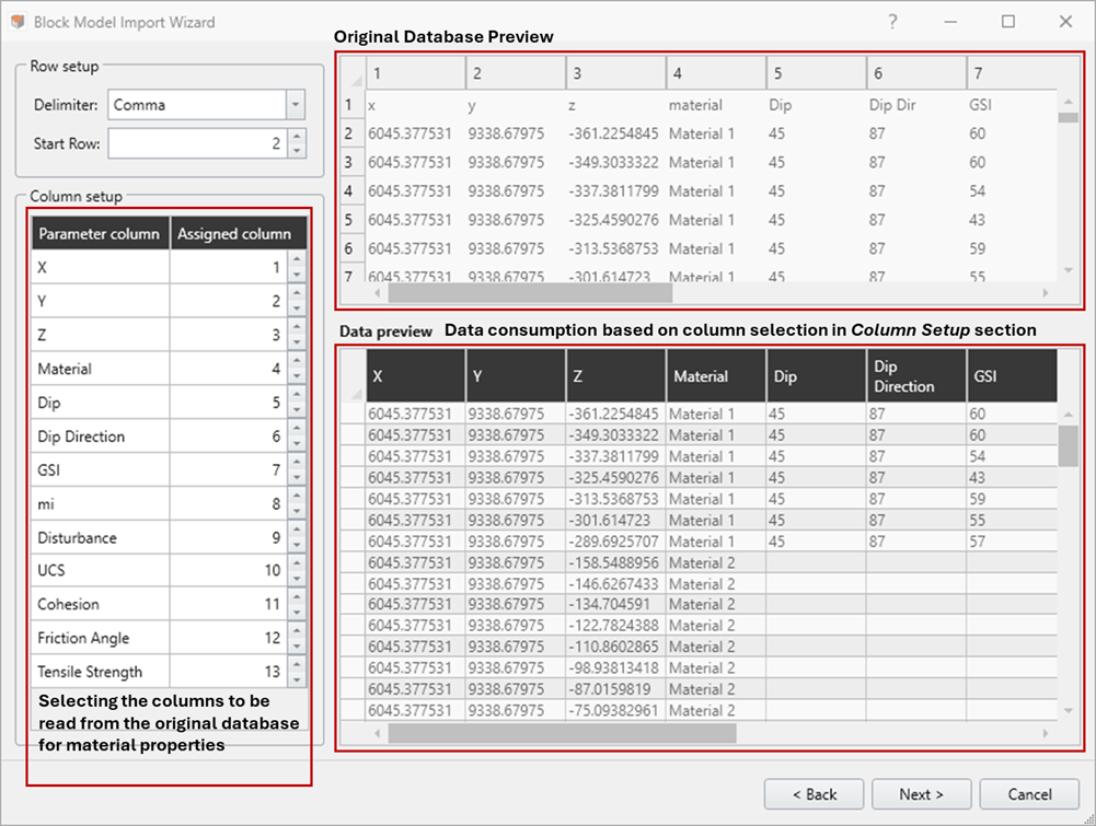 block model import wizard step 2