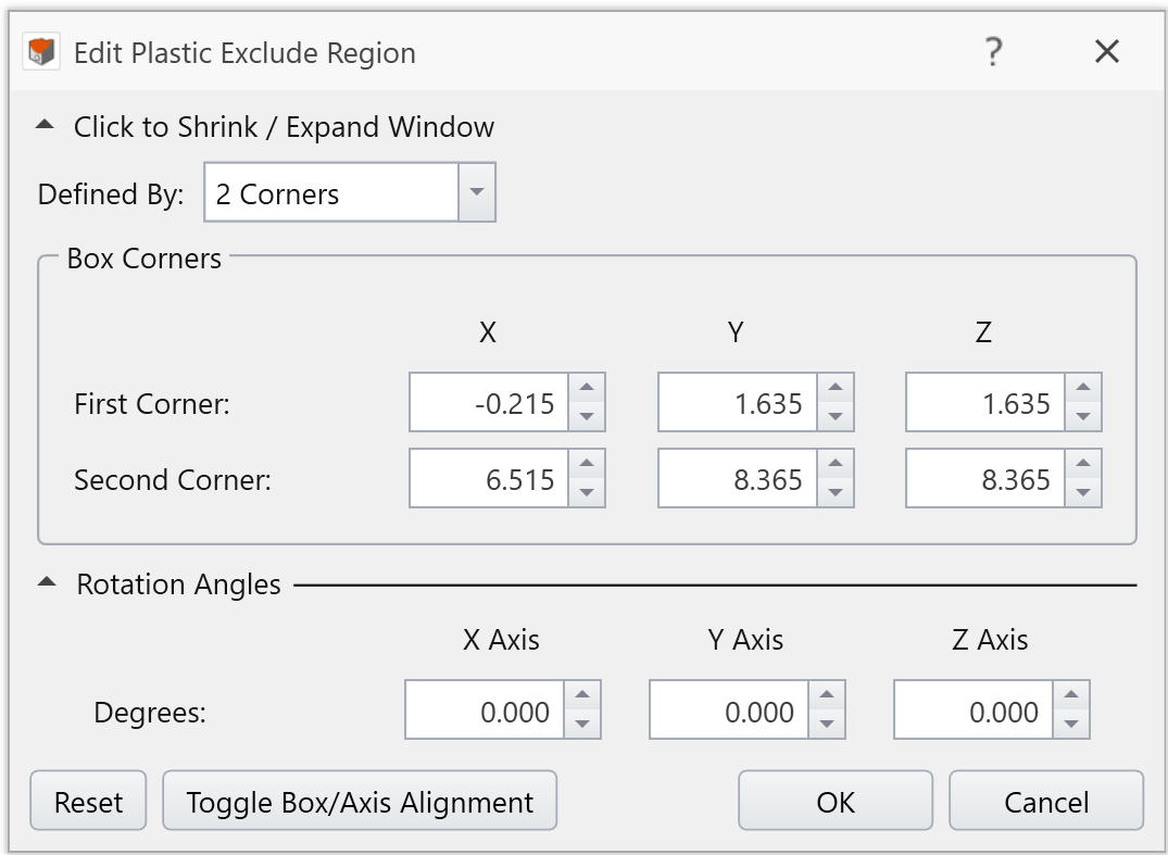 edit plastic exclude region dialog