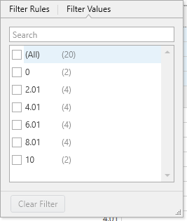 Filter rules and values popup