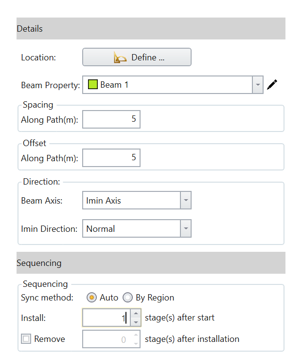 Dialog box - after defining the beam location