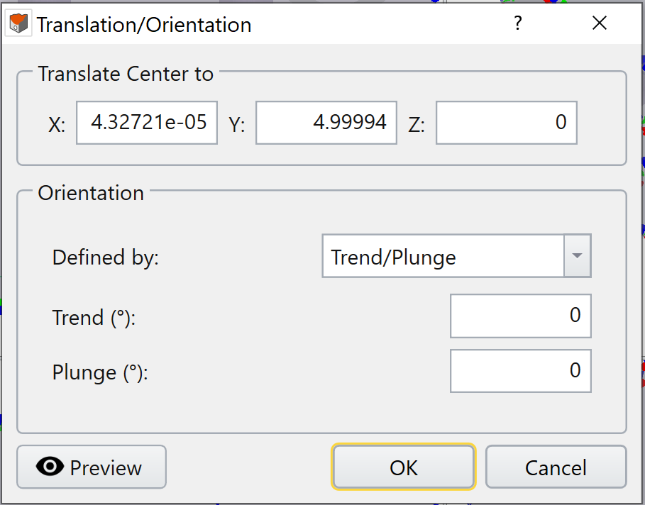Translation/Orientation dialog for Trend/Plunge method