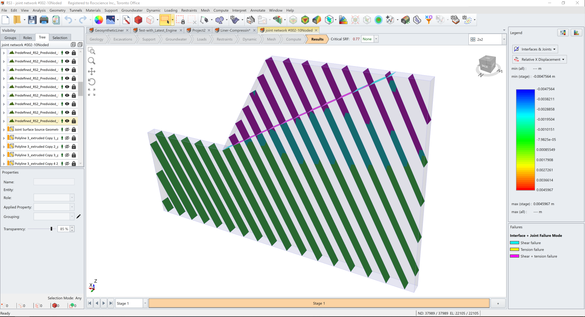 a slope model where multiple joint surfaces have yielded joint elements in shear and tension