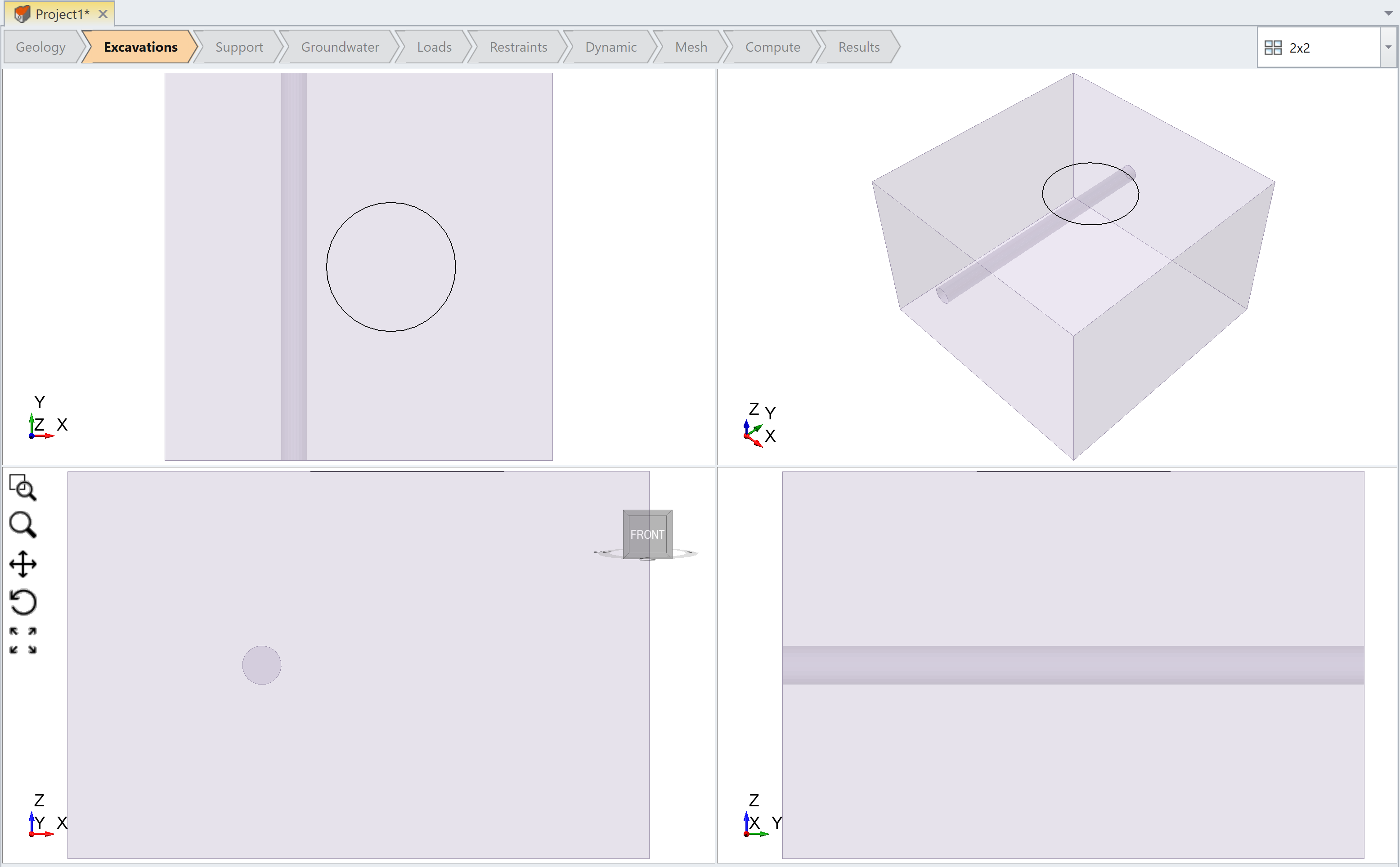 Model view (from 4 viewports) with circle polyline