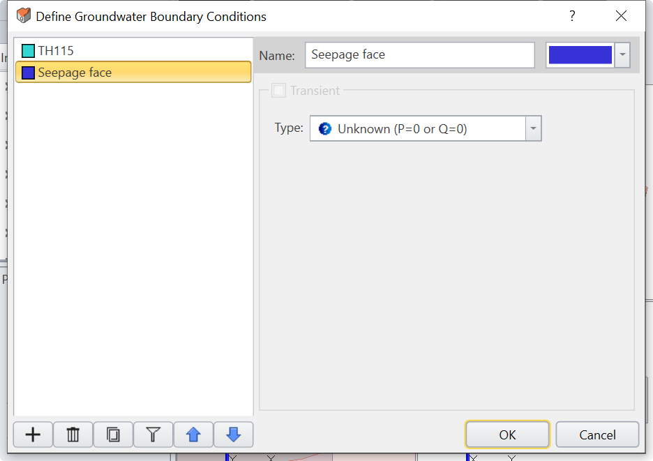 Define Groundwater Boundary Conditions dialog box (Defing Seepage Face) 