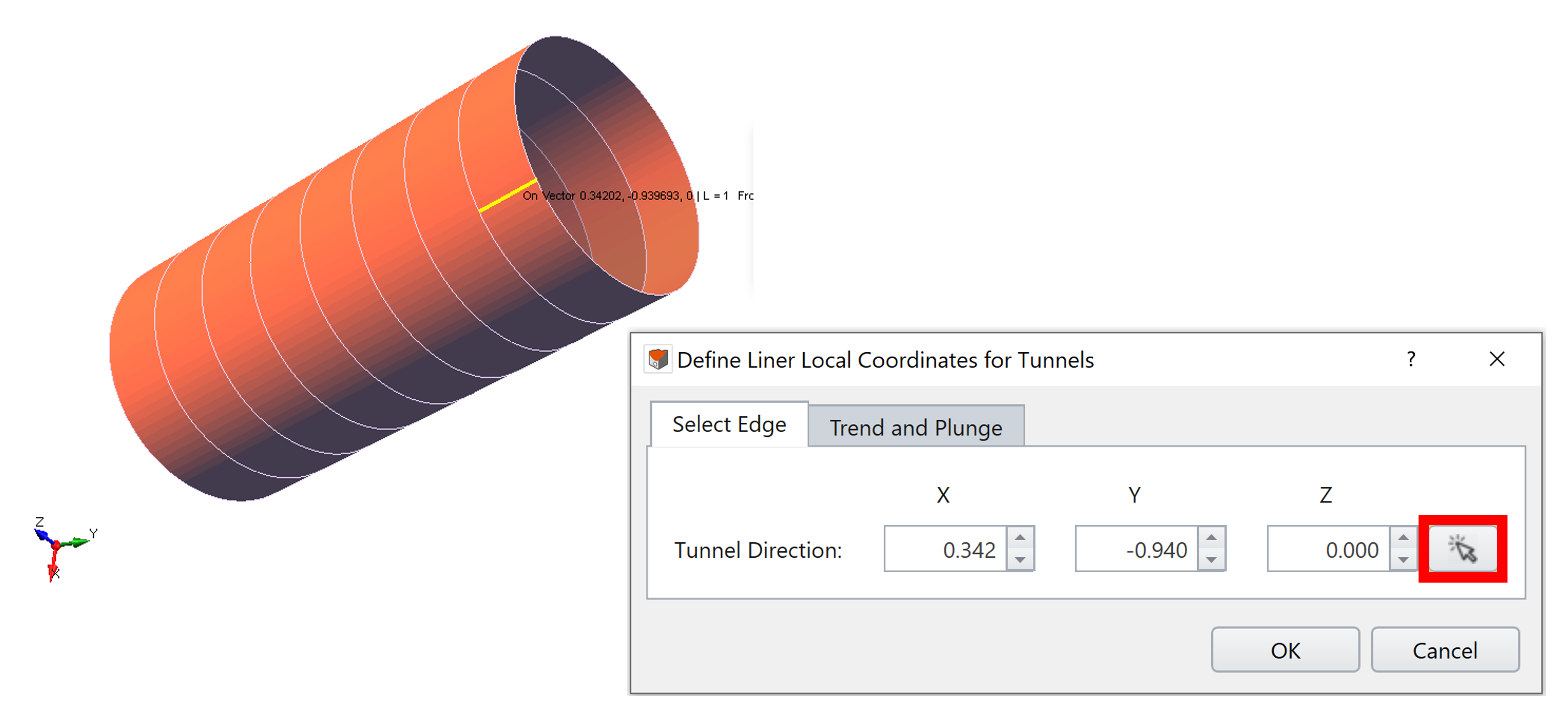 define liner local coordinates for tunnels