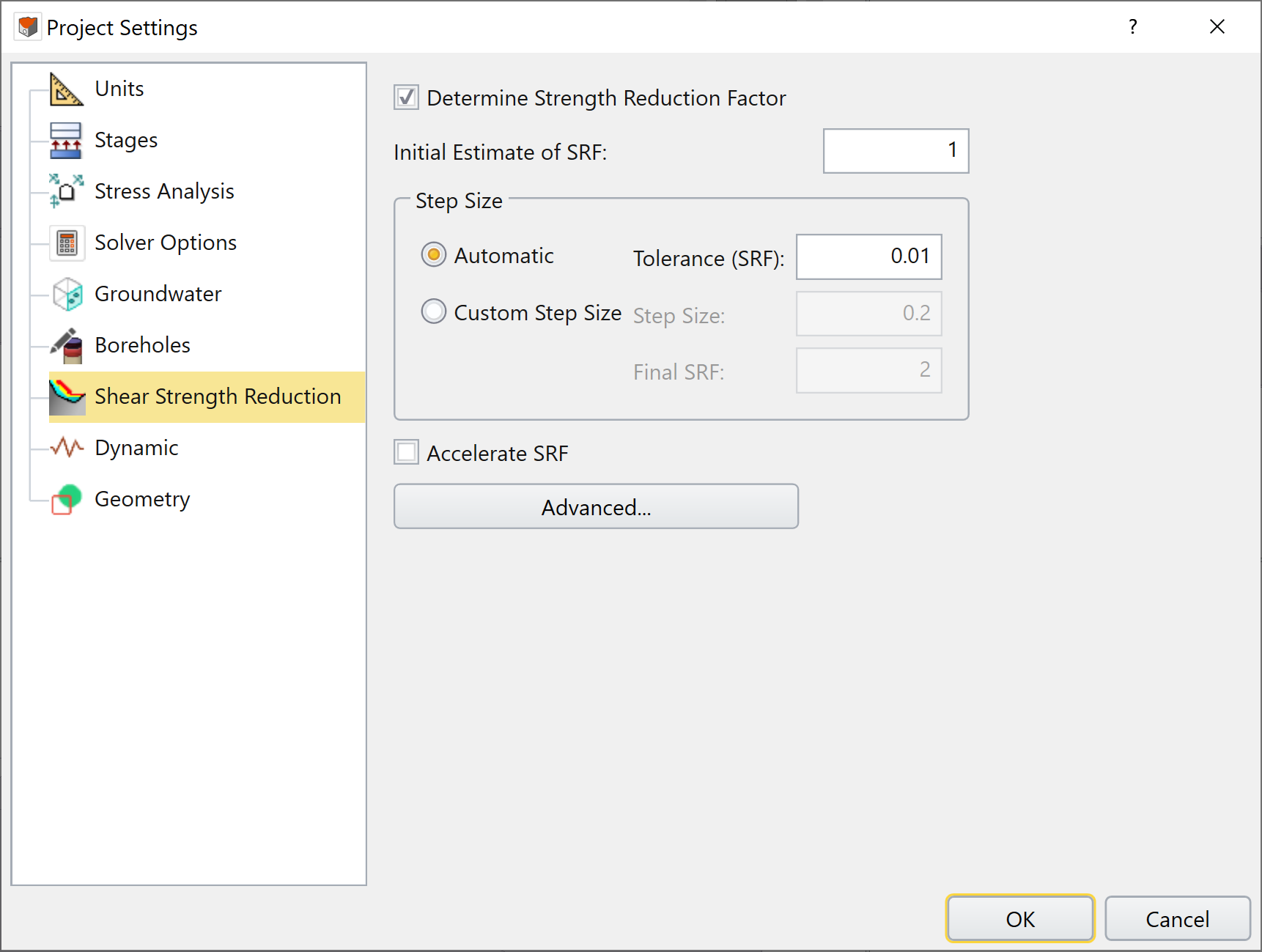 Shear Strength Reduction tab in Project Settings