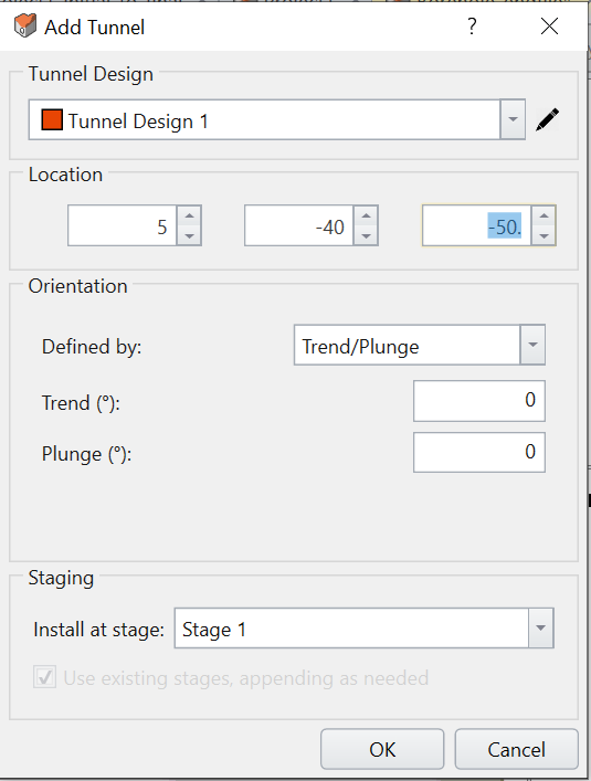 Add Tunnel dialog- with Tunnel Design 1 in the location of 5, -40, -50