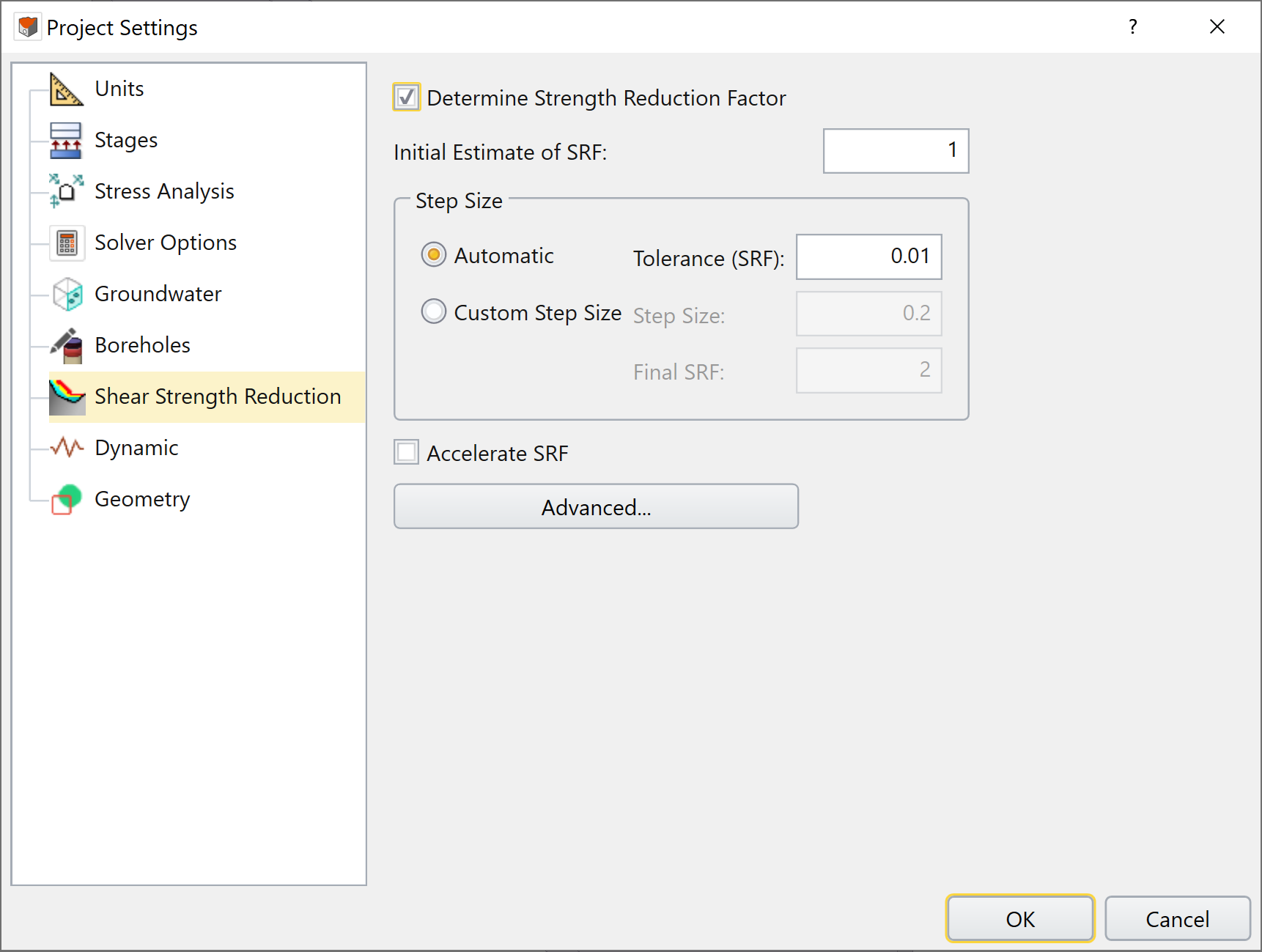 Project Settings dialog with Determine Strength Reduction Factor checkbox selected