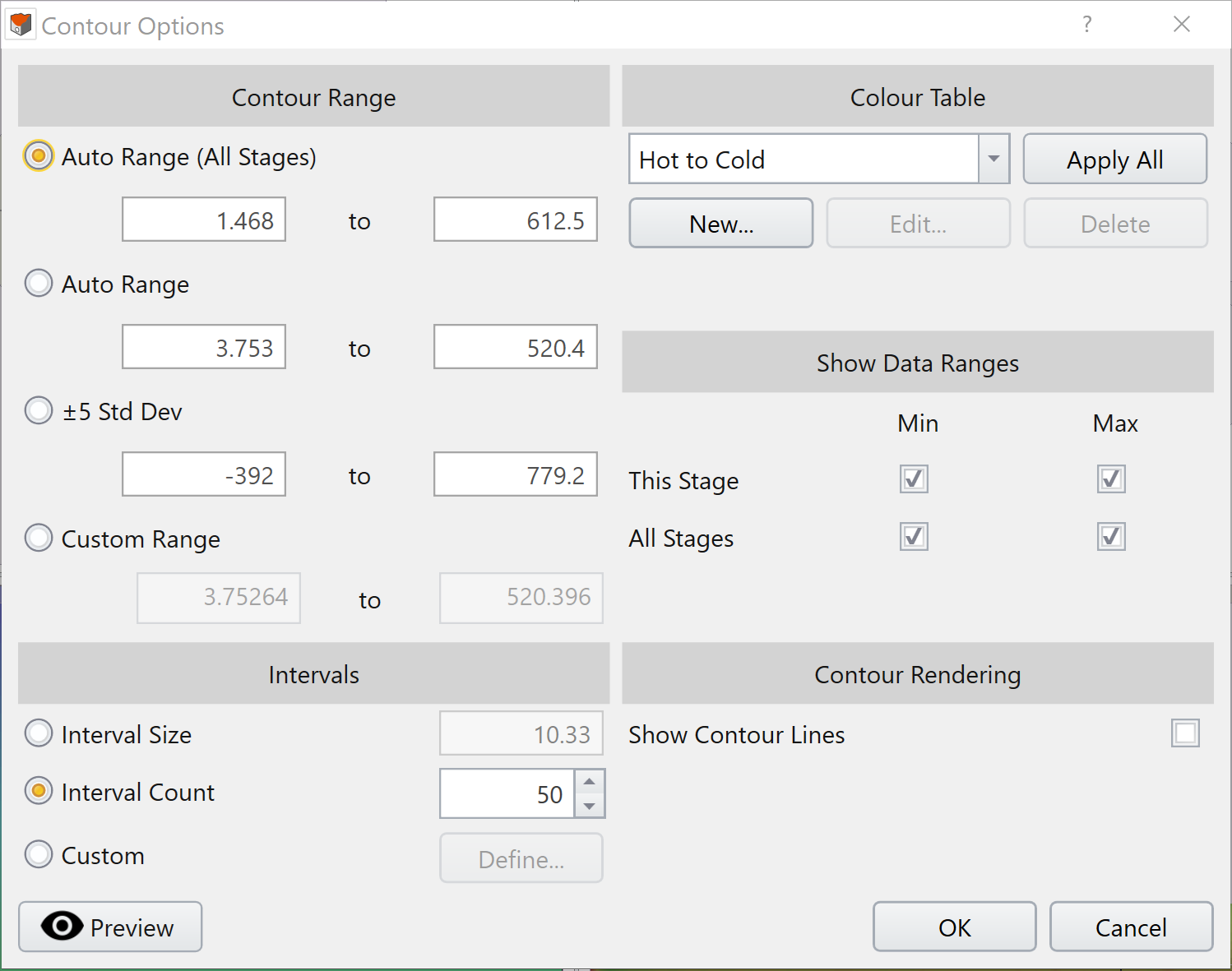 Contour Options dialog