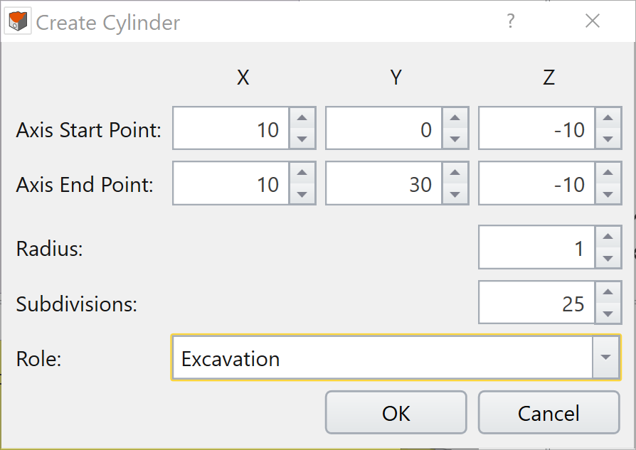Create Cylinder dialog