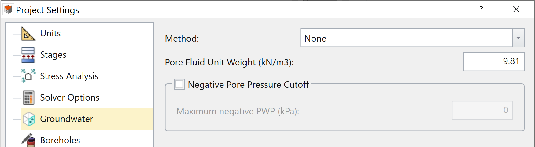 Project Settings Dialog under Groundwater tab