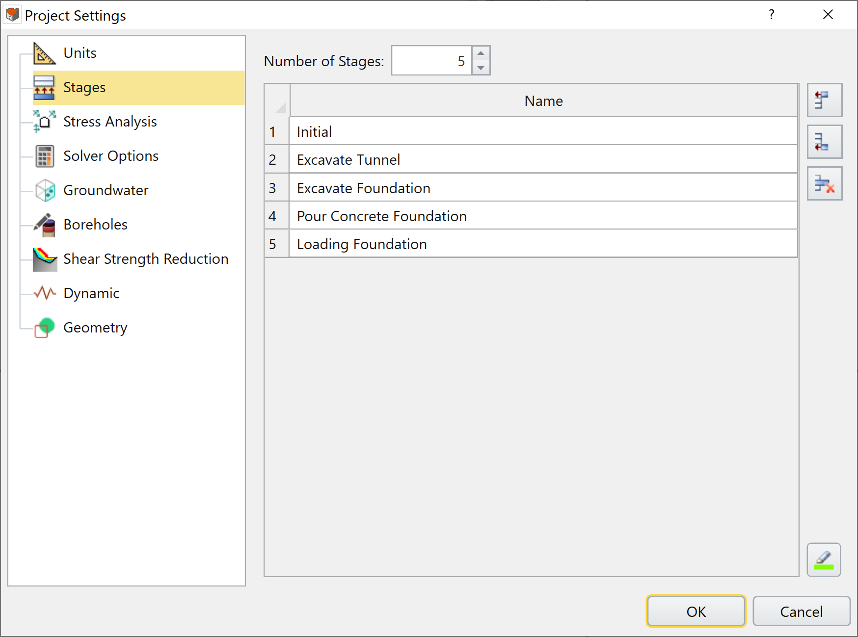 Project Settings Dialog under Stages tab