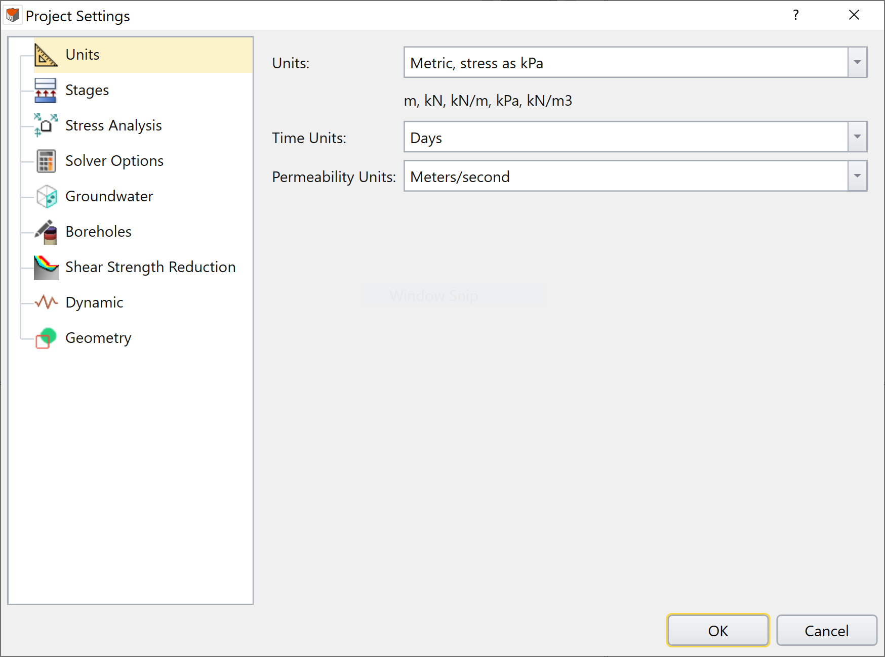 Project Settings Dialog under Units tab
