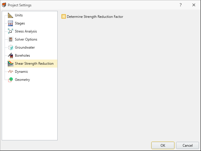 Shear Strength Reduction in Project Settings Dialog