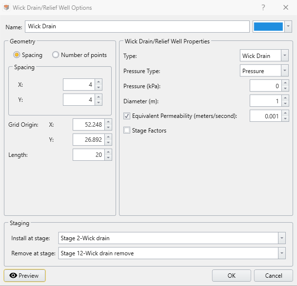 Wick Drain/Relief Well Options dialog