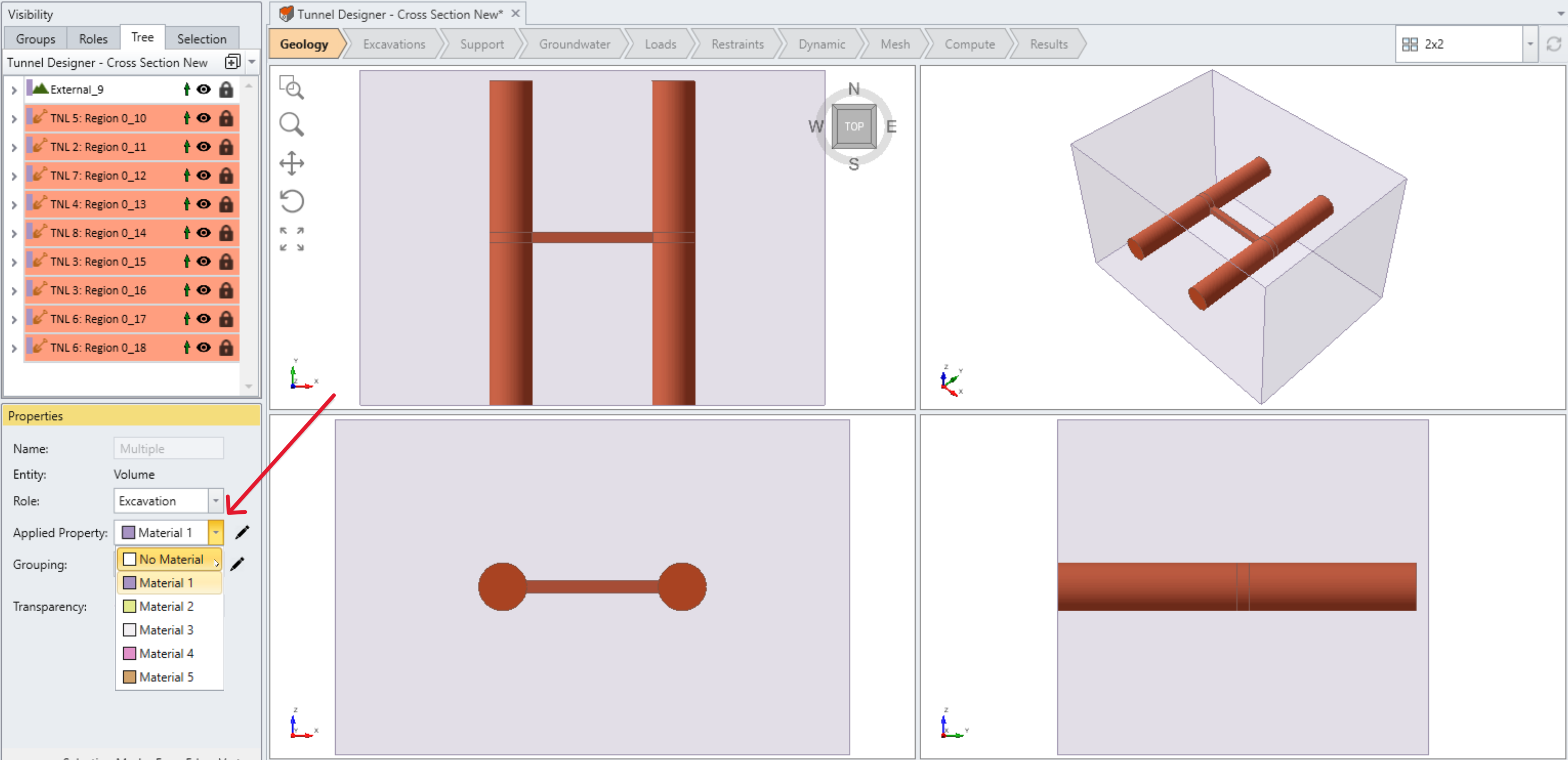 Model with tunnel entities selected