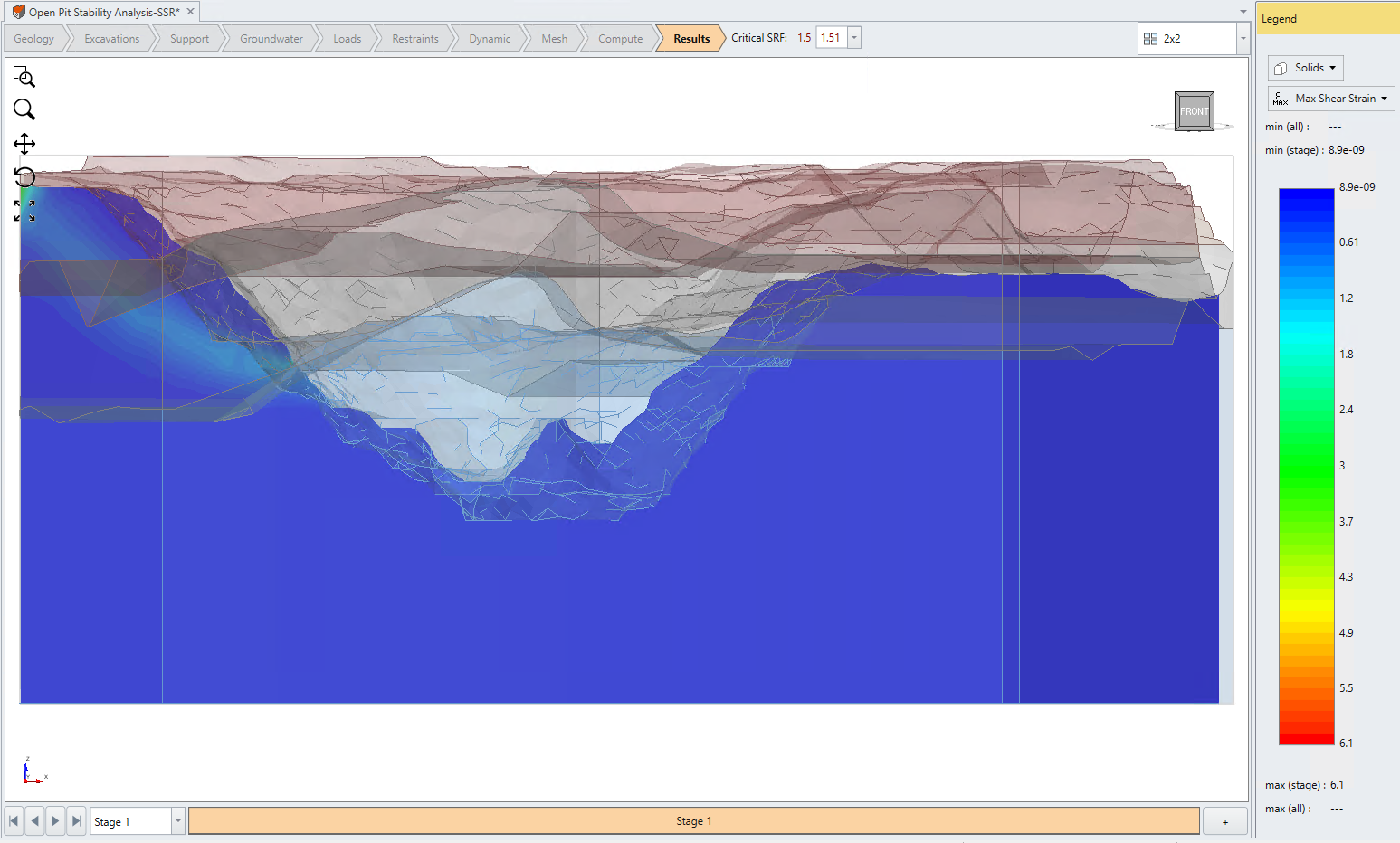 XZ Contour Plane showing Max Shear Strain