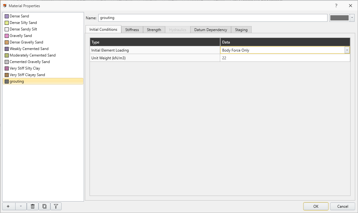 Grouting material dialog