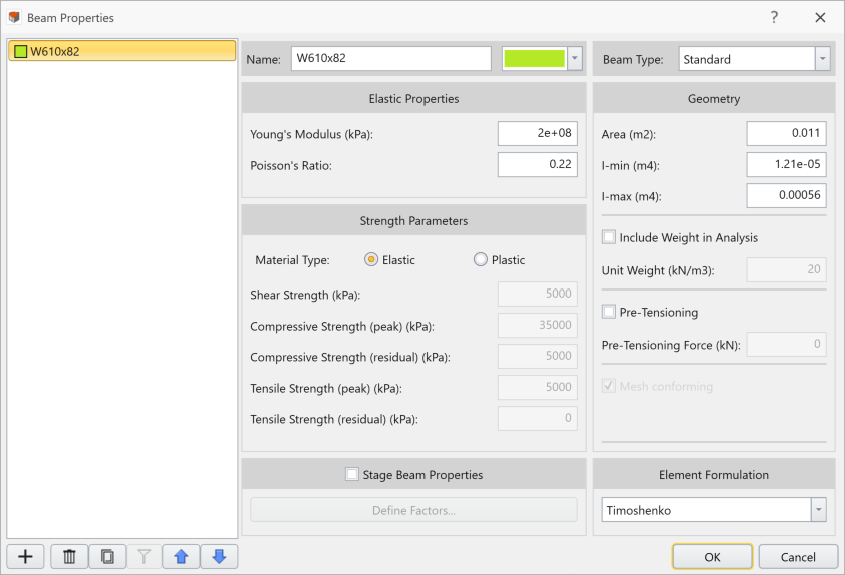 Beam Properties Dialog for Beam 1