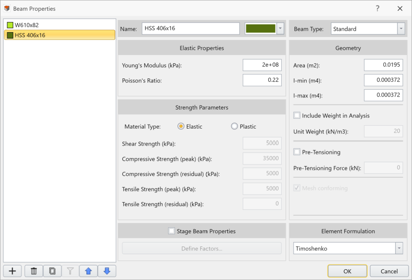 Beam Properties Dialog for Beam 2