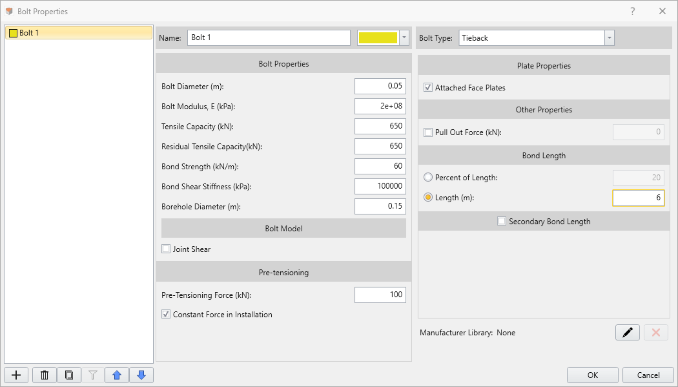Bolt properties dialog for Bolt 1