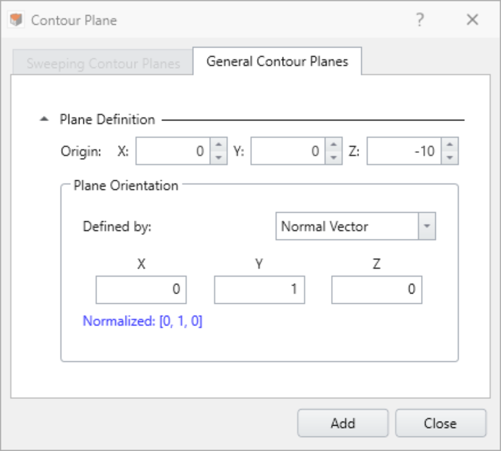 Contour plane dialog for XZ plane