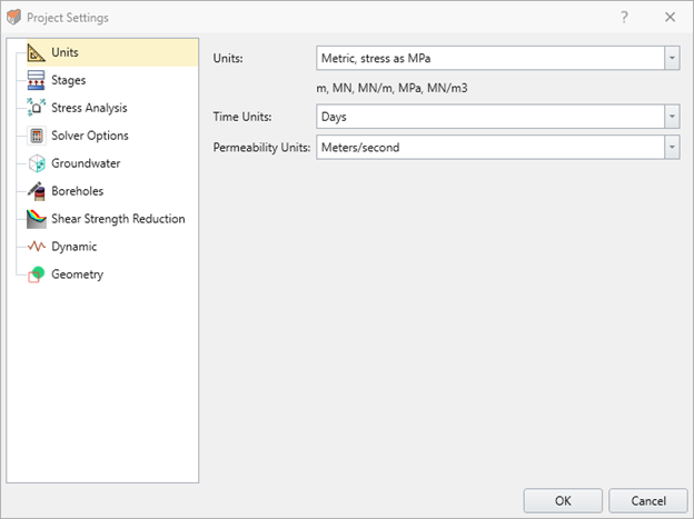 Project Settings dialog - units tab