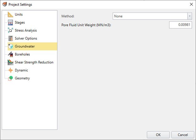 Project Settings dialog - groundwater tab