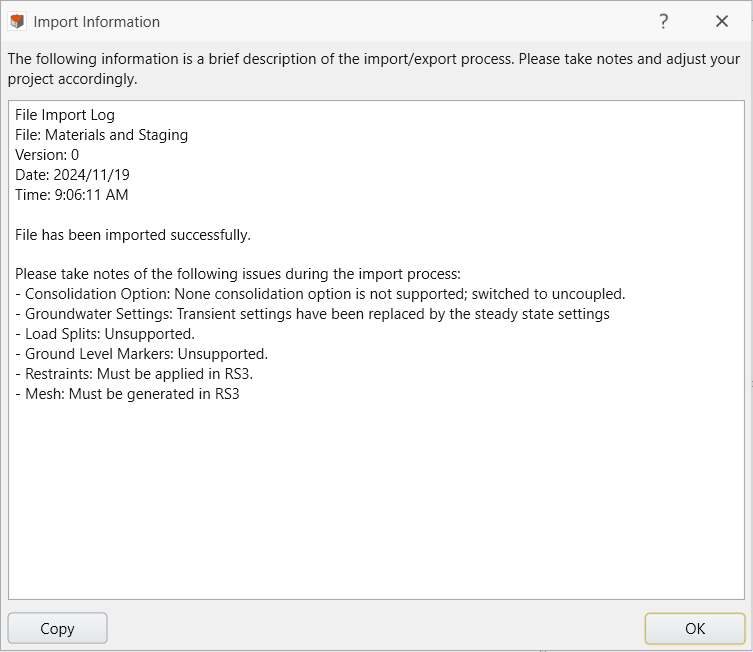 import info dialog