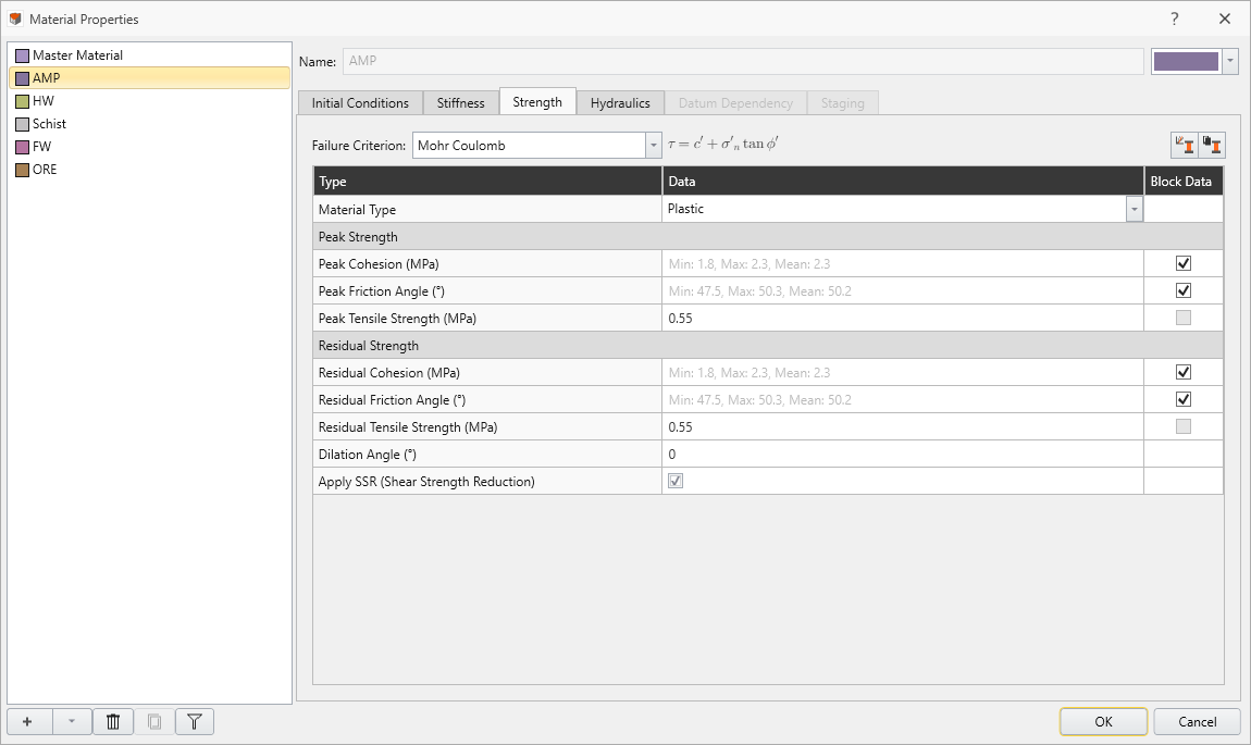 material properties for slide3 model