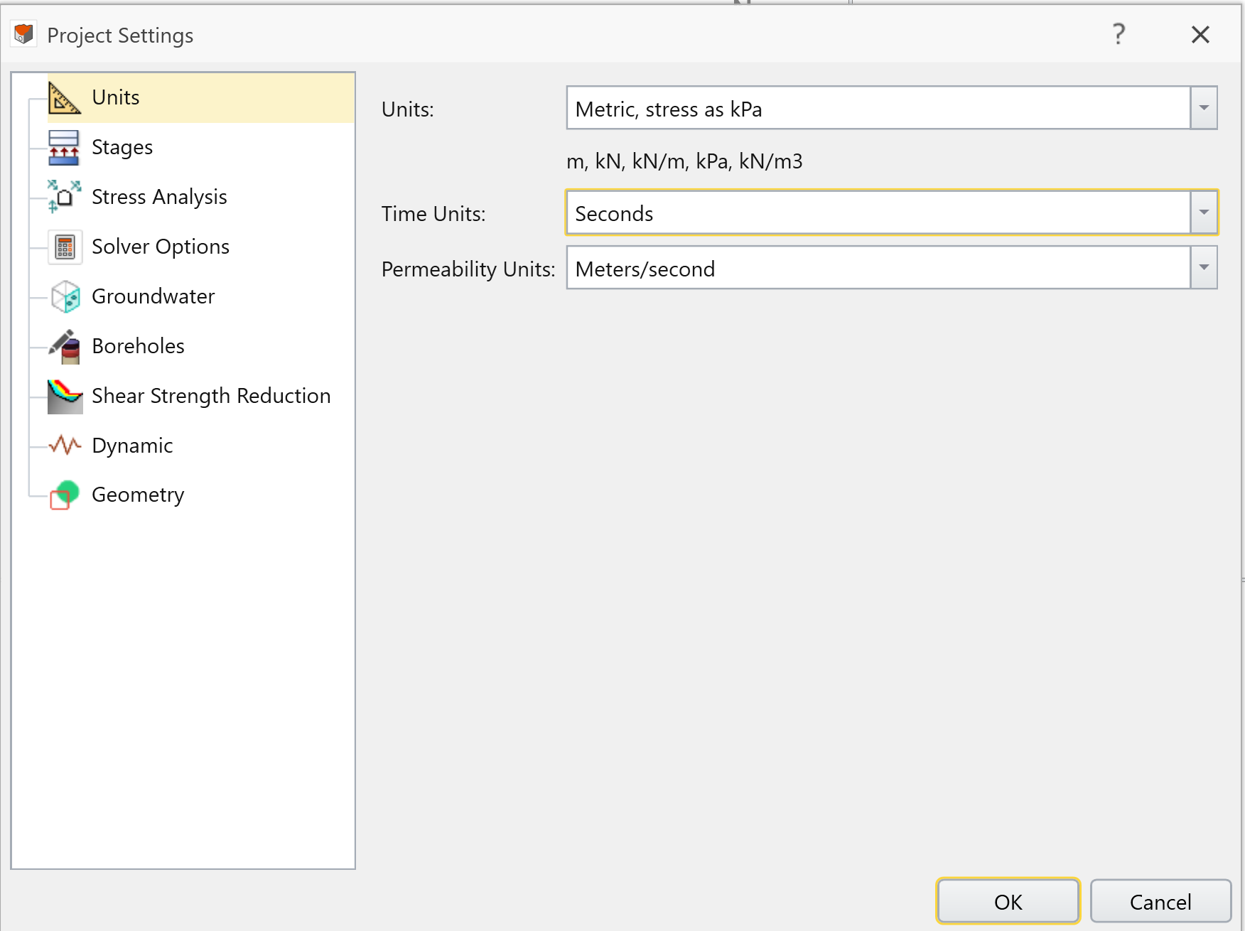 Project Settings dialog- Units 