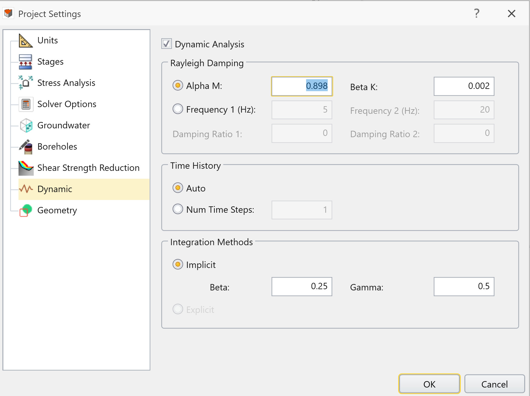 Project Settings dialog- Dynamic 