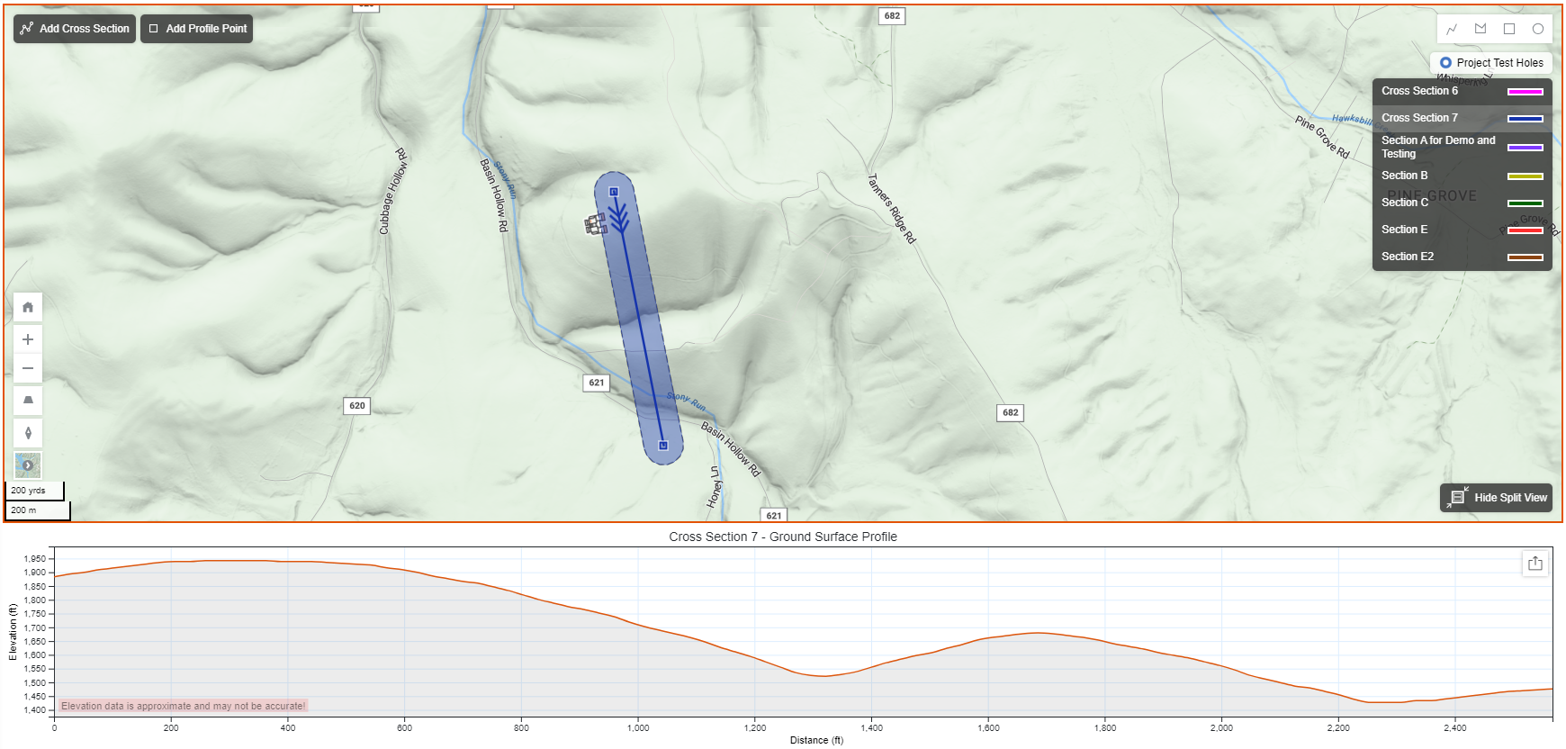 Cross Section and Ground Surface Profile in Terra Map Style