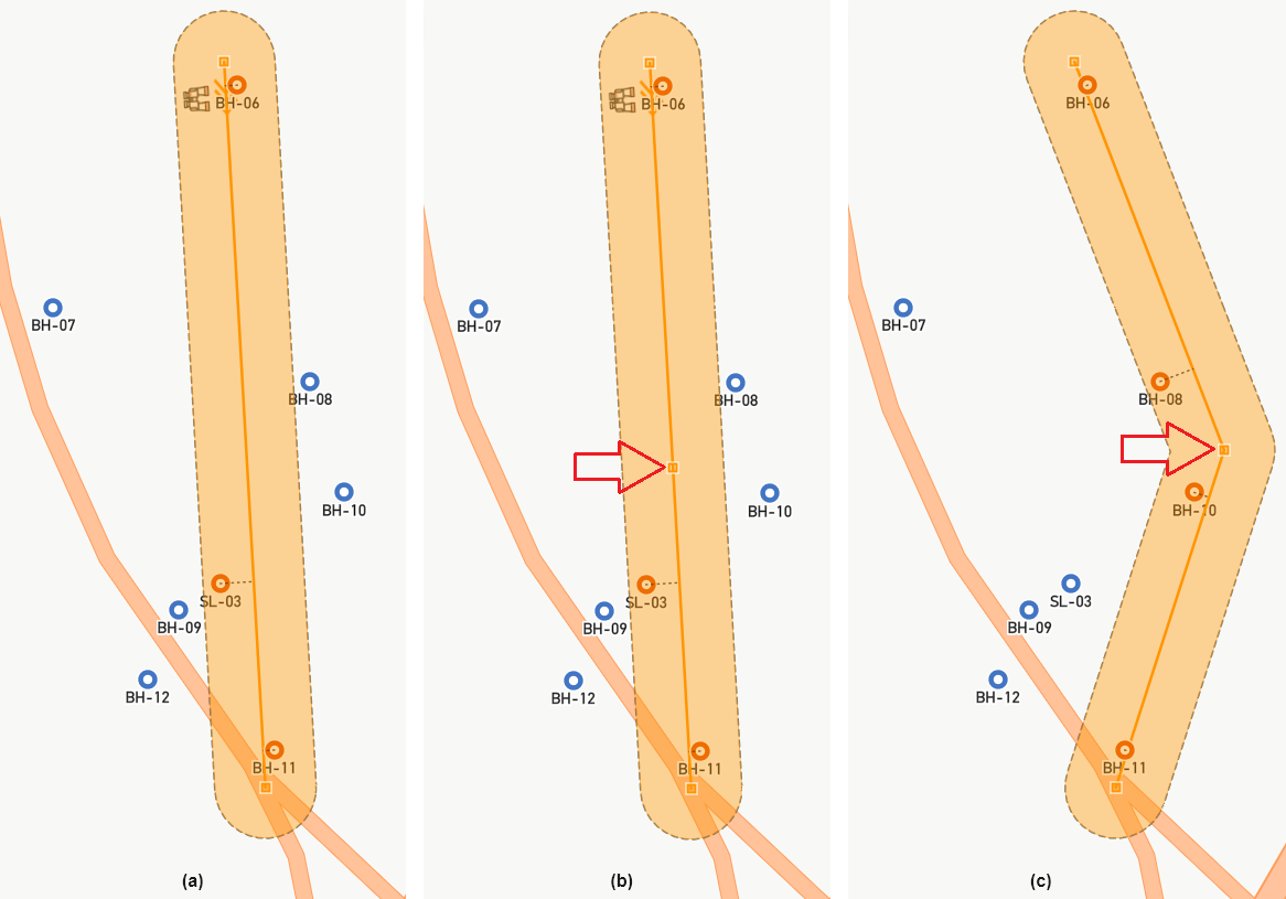 Adding a Point to a Cross-Section (b), and Moving the Point (c)