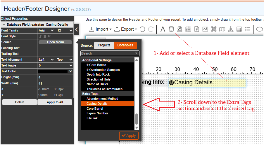 Adding an Extra Tag element to the header/footer of a report template